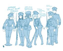 Rule 34 | 1boy, 5girls, ?, aada heikkala, absurdres, artist logo, bayonet, belt, belt buckle, belt pouch, boots, buckle, buttons, canteen, closed eyes, drunk, finnish text, full body, greyscale, gun, hat, highres, ilona pauna, inka aho, jacket, kaisa taivaljarvi, long hair, long sleeves, military uniform, monochrome, multiple girls, original, ostwindprojekt, pants, peaked cap, pouch, rifle, seno lepo, short hair, shouting, simple background, slapping, squeans, standing, sweat, tearing up, translation request, twintails, uniform, veera mironoff, weapon, white background