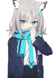 Rule 34 | afnroll, animal ear fluff, animal ears, black jacket, black skirt, blue archive, blue eyes, blue scarf, bright pupils, cat ears, cross hair ornament, hair ornament, highres, jacket, long sleeves, looking at viewer, open clothes, open jacket, plaid, plaid skirt, scarf, scarf over mouth, shiroko (blue archive), shirt, short hair, silver hair, simple background, skirt, solo, unbuttoned, upper body, white background, white shirt