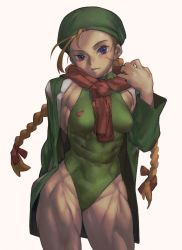 Rule 34 | 1girl, abs, blonde hair, blue eyes, braid, breasts, cammy white, female focus, green leotard, hat, highres, leotard, looking at viewer, muscular, muscular female, satou toshiyuki, scar, scar on face, simple background, solo, street fighter, thighs, twin braids, white background