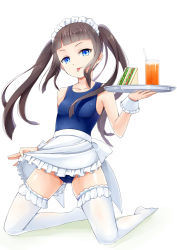 Rule 34 | 1girl, :p, apron, black hair, blue eyes, cup, drink, drinking glass, drinking straw, food, frilled thighhighs, frills, glass, highres, long hair, maid headdress, natsu (natume0504), one-piece swimsuit, original, sandwich, school swimsuit, solo, swimsuit, thighhighs, tongue, tongue out, tray, twintails, waist apron