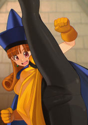 Rule 34 | 1girl, alena (dq4), breasts, cameltoe, cape, curly hair, dragon quest, dragon quest iv, dress, earrings, gloves, hat, jewelry, leg up, long hair, looking at viewer, open mouth, orange hair, pantyhose, ryuntack, skirt, solo
