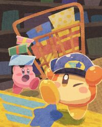 Rule 34 | :o, blue eyes, blue headwear, blush stickers, box stack, brown eyes, cart, colored skin, commentary request, hands on headwear, hat, highres, indoors, kirby, kirby (series), kirby and the forgotten land, leg up, miclot, nintendo, no humans, no mouth, one eye closed, open mouth, orange skin, pink skin, red footwear, shadow, shelf, shoes, shooting star (symbol), waddle dee, yellow footwear