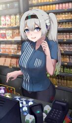 Rule 34 | 1girl, :d, absurdres, black hairband, black pants, blue shirt, blush, breast pocket, breasts, can, cashier, commentary, counter, employee uniform, firefly (honkai: star rail), grey hair, hairband, highres, honkai: star rail, honkai (series), indoors, kagurachi, long hair, looking at viewer, medium breasts, open mouth, pants, pocket, ponytail, purple eyes, shirt, shop, short sleeves, smile, solo, standing, symbol-only commentary, uniform, very long hair
