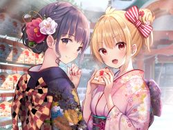 Rule 34 | 2girls, :d, blonde hair, blurry, blurry background, blush, bow, breasts, commentary request, depth of field, ema, fang, floral print, flower, hair bow, hair bun, hair flower, hair intakes, hair ornament, hands up, highres, holding, japanese clothes, kimono, long sleeves, looking at viewer, looking back, multiple girls, nail polish, obi, open mouth, original, pink kimono, print kimono, purple eyes, purple hair, purple kimono, red eyes, red flower, red nails, sash, single hair bun, small breasts, smile, striped, striped bow, torii, u rin, white flower, wide sleeves