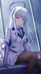 Rule 34 | 1girl, absurdres, blue archive, blue necktie, blue sky, blush, breasts, brown pantyhose, closed mouth, cloud, coat, collared shirt, dong hawn, formal, hair over shoulder, halo, highres, indoors, light, long hair, long sleeves, looking at viewer, necktie, night, night sky, noa (blue archive), off shoulder, open clothes, open coat, pantyhose, pleated skirt, purple eyes, shirt, sidelocks, sitting, skirt, sky, small breasts, smile, solo, suit, tag, uniform, white coat, white shirt, white skirt, white suit, window
