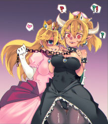 Rule 34 | !?, 2girls, ?, @ @, armlet, bare shoulders, bdsm, black dress, blonde hair, blue eyes, blue gemstone, bowsette, bracelet, breasts, breasts apart, cameltoe, chain, chain leash, choker, cleavage, collar, cowboy shot, crown, dress, elbow gloves, eyelashes, femdom, forked eyebrows, gem, gloves, gradient background, hair between eyes, head tilt, heart, highres, horns, jewelry, leaning on person, leash, leash pull, legs together, leotard, leotard under clothes, mario (series), mini crown, multiple girls, new super mario bros. u deluxe, nintendo, outline, pantyhose, pink background, pink dress, pointy ears, princess peach, purple background, red eyes, red gemstone, role reversal, ryou homare, shaded face, slave, smile, spiked armlet, spiked bracelet, spiked choker, spikes, spoken heart, spoken interrobang, spoken question mark, standing, super crown, thick eyebrows, thigh gap, thighs, white gloves, yandere, you gonna get raped, yuri