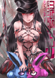 Rule 34 | 1girl, 1other, arm tattoo, black hair, black legwear, bof (sound voltex), breasts, butterfly tattoo, chain necklace, cleavage, electricity, glowing, glowing eyes, hat, highres, kie (yospcd), large breasts, long hair, looking at viewer, miss.dd, mole, navel, necklace, o-ring, peaked cap, prosthesis, red eyes, revealing clothes, sound voltex, star (symbol), stomach, sword, tagme, tattoo, tongue, tongue out, weapon