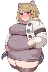 Rule 34 | 1girl, alternate body size, animal ear fluff, animal ears, arknights, blush, breasts, covered navel, cowboy shot, cropped legs, dress, fang, fat, grey dress, grey tail, hair between eyes, hair ornament, hairclip, highres, large breasts, light brown hair, long sleeves, medium hair, nimo (b45ui), open clothes, parted lips, sanpaku, simple background, skin fang, solo, sweatdrop, tail, thick arms, thick thighs, thighhighs, thighs, utage (arknights), white background, x hair ornament