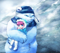 Rule 34 | 1girl, alternate costume, annie (league of legends), bear, blue eyes, boots, carrying, coat, fur trim, hood, league of legends, mizoreame, open mouth, pink hair, short hair, stitches, tibbers, winter clothes, winter coat