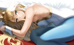Rule 34 | 1girl, animal ears, artoria pendragon (all), artoria pendragon (fate), artoria pendragon (swimsuit ruler) (fate), bare shoulders, blonde hair, blue pantyhose, blush, breasts, cleavage, detached collar, fake animal ears, fate/grand order, fate (series), green eyes, hair between eyes, large breasts, leotard, long hair, looking at viewer, lying, nicky w, on side, pantyhose, playboy bunny, ponytail, rabbit ears, sidelocks, solo, tiara, white leotard, wrist cuffs