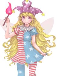 Rule 34 | 1girl, american flag dress, american flag legwear, bare arms, breasts, closed mouth, clownpiece, dress, fairy wings, fire, hand up, hat, highres, holding, jester cap, long hair, looking at viewer, ma nyan (nyao mao nyao), medium breasts, pantyhose, pink eyes, polka dot, purple hat, short dress, short sleeves, simple background, smile, solo, star (symbol), star print, striped clothes, striped dress, striped pantyhose, torch, touhou, very long hair, white background, wings