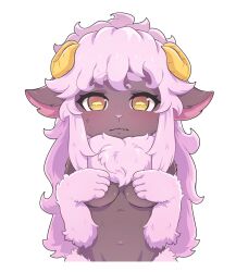 1girl animal_ears black_fur blush breasts commission covering_breasts covering_privates cropped_torso embarrassed furry furry_female halc highres horizontal_pupils horns long_hair looking_at_viewer navel original pink_fur sheep_ears sheep_girl sheep_horns sidelocks simple_background small_breasts solo sweatdrop upper_body webp-to-png_conversion white_background yellow_eyes