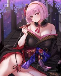 Rule 34 | 1girl, bare shoulders, black kimono, breasts, cleavage, closed mouth, cup, detached collar, fingernails, flower, hair flower, hair ornament, hairband, highres, holding, holding cup, hololive, hololive english, japanese clothes, kimono, legs, looking at viewer, medium breasts, moisture (chichi), mori calliope, mori calliope (new year), nail polish, pink hair, red eyes, red nails, sakazuki, sash, short hair, sitting, solo, virtual youtuber, yellow hairband