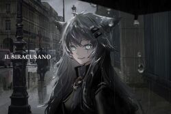 Rule 34 | 1girl, 2boys, absurdres, animal ears, arknights, black coat, black footwear, black umbrella, blood, blood on face, blue eyes, blurry, blurry background, building, car, city, cityscape, cloud, cloudy sky, coat, commentary request, crossed bangs, day, foreground text, gate, gawako, gradient hair, grey hair, grey sky, hair ornament, hair over shoulder, hairclip, highres, italian commentary, italian text, lamppost, lantern, lappland (arknights), lappland (refined horrormare) (arknights), long hair, looking at viewer, messy hair, mixed-language commentary, motor vehicle, multicolored hair, multiple boys, official alternate costume, open clothes, open coat, outdoors, parted lips, rain, road, scar, scar across eye, sidelocks, sky, smile, solo focus, street, swept bangs, translation request, umbrella, water drop, wet, white hair, window, wolf ears, wolf girl