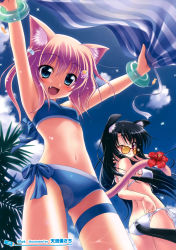 Rule 34 | 2girls, absurdres, adjusting clothes, adjusting swimsuit, amarugi sachi, animal ears, back, bikini, black hair, blue eyes, bracelet, breasts, cat ears, cat tail, cloud, day, fang, flat chest, flower, from below, glasses, hair ornament, hairclip, hibiscus, highres, image sample, jellyfish, jewelry, lens flare, long hair, looking at viewer, looking back, multiple girls, navel, one eye closed, open mouth, original, pink hair, purple eyes, red-framed eyewear, side-tie bikini bottom, sky, small breasts, sparkle, striped, sunglasses, swimsuit, tail, towel, wink