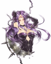 Rule 34 | 00s, 1girl, bare shoulders, chain, collar, dress, elbow gloves, fate/stay night, fate (series), gloves, long hair, medusa (fate), medusa (rider) (fate), nidy, pink eyes, purple hair, solo, strapless, strapless dress