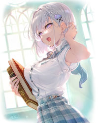 Rule 34 | 1girl, absurdres, armpit peek, armpits, backlighting, book, braid, breasts, commentary request, crown braid, dress shirt, from side, glasses, green skirt, hair behind ear, hair intakes, hair ornament, hand up, highres, holding, holding book, indoors, large breasts, looking away, open mouth, original, plaid, plaid skirt, purple eyes, rimless eyewear, school uniform, shirt, shirt tucked in, short hair, short sleeves, skirt, solo, standing, taut clothes, taut shirt, teeth, tel-o, upper teeth only, white hair, white shirt, window, x hair ornament