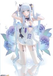 Rule 34 | 1girl, armpits, arms behind head, bare shoulders, blue bra, blue eyes, blue flower, blue hair, blush, bow, bow skirt, bra, breast hold, breasts, cleavage, collarbone, flower, frills, front-tie top, garter straps, hair between eyes, hair bow, hair flower, hair ornament, highres, image sample, kneehighs, kneeling on water, lingerie, long hair, long skirt, looking at viewer, medium breasts, ohisashiburi, original, pale skin, reflection, reflective floor, reflective water, ribbon, skirt, socks, solo, twintails, two side up, underwear, water, water drop, water surface