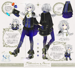 Rule 34 | 1girl, ankle boots, ascot, blue pantyhose, book, boots, buzz (moi), cape, character name, character sheet, chibi, crystal, english text, gloves, head wings, jewelry, long hair, low twintails, multiple views, necklace, pantyhose, pixiv fantasia, pixiv fantasia sword regalia, print legwear, purple eyes, silver hair, smile, tellurium sterne, turnaround, twintails, wings