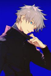 Rule 34 | 1boy, ask (askzy), black jacket, blue background, blue eyes, commentary request, gojou satoru, hair between eyes, hand up, high collar, jacket, jujutsu kaisen, long sleeves, looking at viewer, male focus, short hair, silver hair, simple background, smile, solo, upper body