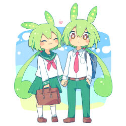 Rule 34 | 1boy, 1girl, :3, ayakashi (monkeypanch), bag, blue sky, blush, blush stickers, border, bright pupils, brown eyes, brown footwear, closed eyes, commentary, full body, gradient sky, green hair, green pants, green sailor collar, green skirt, heart, highres, holding, holding bag, holding hands, loafers, long hair, neckerchief, outdoors, pants, ponytail, red neckerchief, sailor collar, school bag, school uniform, shirt, shoes, simple background, skirt, sky, socks, voiceroid, white background, white pupils, white shirt, white socks, yellow sky, zundamon