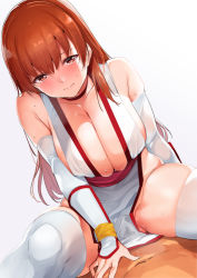 Rule 34 | 1boy, 1girl, bare shoulders, blush, breasts, brown eyes, brown hair, choker, cleavage, clothed female nude male, clothed sex, collarbone, covered penetration, cowgirl position, dead or alive, detached sleeves, girl on top, hetero, highres, kasumi (doa), large breasts, long hair, looking at viewer, nude, pelvic curtain, pussy juice stain, sash, sex, straddling, thighhighs, thighs, tomohiro kai, white thighhighs