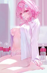 Rule 34 | 1girl, absurdres, aqua eyes, baby bottle, barefoot, blurry, blurry background, bottle, breasts, diaper, feet, hair between eyes, hair ornament, highres, honkai: star rail, honkai (series), indol, large breasts, legs, long sleeves, looking at viewer, march 7th (honkai: star rail), medium hair, navel, open clothes, open shirt, pacifier, pink eyes, pink hair, seiza, shirt, sitting, sleeves past wrists, solo, stomach, sweat, thighs, two-tone eyes, white shirt