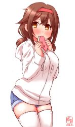 Rule 34 | 1girl, alternate costume, blue shorts, brown eyes, brown hair, commentary request, cowboy shot, dated, denim, denim shorts, eating, hairband, highres, hishimochi, hood, hooded sweater, kanon (kurogane knights), kantai collection, logo, looking at viewer, low twintails, red hairband, shiratsuyu (kancolle), short hair, shorts, simple background, solo, sweater, thighhighs, twintails, white background, white sweater, white thighhighs