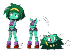 Rule 34 | 1girl, breasts, cleavage, colored skin, comic, full body, green skin, headless, multiple views, rottytops, shantae (series), short shorts, shorts, silent comic, simple background, soboro (jitome dan), standing, tank top, thinking, undead, white background, zombie