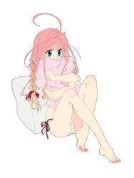 Rule 34 | 16 ban, 1girl, ahoge, alternate hairstyle, barefoot, bell, blue eyes, braid, covered mouth, full body, hair bell, hair ornament, hunter x hunter, jingle bell, knees up, long hair, looking away, nail polish, neon nostrade, no pants, hugging object, panties, pillow, pillow hug, pink hair, pink nails, side-tie panties, simple background, sitting, solo, toenail polish, toenails, underwear, white background, white panties