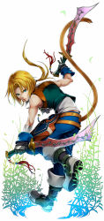 Rule 34 | blonde hair, blue eyes, boots, dagger, dual wielding, final fantasy, final fantasy ix, gloves, highres, hiromyan, holding, jewelry, knife, long hair, male focus, monkey tail, ponytail, short hair, smile, solo, square enix, swallow sword, tail, weapon, zidane tribal