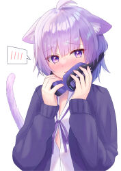 Rule 34 | 1girl, absurdres, ahoge, animal ear fluff, animal ears, blunt bangs, blush, cardigan, cat ears, cat girl, cat tail, commentary request, covering own mouth, embarrassed, eyelashes, facing viewer, full-face blush, hands up, headphones, headphones around neck, highres, holding, holding headphones, hololive, looking at viewer, nekomata okayu, nekomata okayu (oversized shirt), open cardigan, open clothes, open mouth, purple eyes, purple fur, purple hair, purple ribbon, purple sweater, ribbon, shirt, short hair, shy, simple background, solo, spoken blush, sweater, tail, togemaru34, upper body, virtual youtuber, white background, white shirt