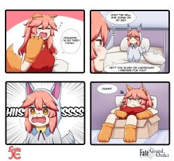Rule 34 | 2girls, ^^^, animal ear fluff, animal ears, animal hands, bell, box, breasts, cat paws, collar, cosplay, dual persona, ears down, english text, engrish text, fangs, fate/grand order, fate (series), fou (fate), fou (fate) (cosplay), fox ears, fox girl, fox tail, gloves, highres, in box, in container, jingle bell, keita naruzawa, large breasts, looking at another, mini person, minigirl, multiple girls, neck bell, official alternate costume, open mouth, paw gloves, paw shoes, pink hair, ranguage, red shirt, shirt, shoes, speech bubble, tail, tamamo (fate), tamamo cat (fate), tears, yellow eyes