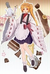 Rule 34 | 1girl, absurdres, apron, bobby socks, bocchi the rock!, cake, cup, drinking straw, food, full body, hair ornament, hair scrunchie, highres, holding, holding tray, ijichi nijika, japanese clothes, long hair, long sleeves, looking at viewer, maid, open mouth, orange hair, ponytail, red eyes, scrunchie, shoes, side ponytail, socks, solo, tray, wa maid, white apron, white socks, wide sleeves, xi wu