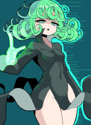 Rule 34 | 1girl, chestnut mouth, covered navel, curly hair, dress, floating clothes, glowing, glowing hand, green eyes, green hair, groin, half-closed eyes, high collar, highres, kamuruchii, long sleeves, medium hair, motion lines, narrowed eyes, no panties, one-punch man, open mouth, popped collar, shaded face, side slit, skin tight, solo, tatsumaki, telekinesis, thick thighs, thighs