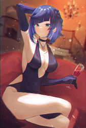 Rule 34 | 1girl, absurdres, arm behind head, armpits, bare shoulders, black choker, black dress, black gloves, blue hair, blunt bangs, blush, braid, breasts, chandelier, choker, cleavage, closed mouth, covered navel, crossed legs, cup, cushion, diagonal bangs, dress, drink, drinking glass, evening gown, feet out of frame, genshin impact, gloves, green eyes, highres, holding, holding cup, indoors, jewelry, kimu (yyhhoo23232), large breasts, looking at viewer, necklace, pelvic curtain, pointy ears, short hair, sitting, smile, solo, stairs, yelan (genshin impact)