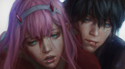 Rule 34 | 10s, 1boy, 1girl, blood, blood from mouth, blood on face, blue eyes, bodysuit, closed mouth, couple, darling in the franxx, english text, green eyes, hair between eyes, hairband, hetero, highres, hiro (darling in the franxx), horns, hug, hug from behind, injury, lips, oni horns, open mouth, parted lips, pilot suit, pink hair, portrait, realistic, red bodysuit, red horns, scratches, shekel, signature, straight hair, white hairband, zero two (darling in the franxx)