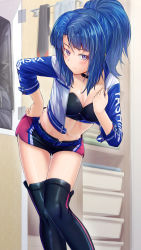 Rule 34 | 1girl, absurdres, alice gear aegis, belt, belt buckle, black bra, black choker, black footwear, blue belt, blue hair, blush, boots, bra, breasts, buckle, choker, cleavage, closed mouth, collarbone, hair tubes, hand on own hip, high ponytail, highres, indoors, jacket, long hair, looking at viewer, medium breasts, midriff, navel, open clothes, open jacket, origami yakko, purple eyes, race queen, shiny clothes, shiny legwear, short shorts, shorts, solo, standing, stomach, strapless, strapless bra, takanashi rei, thigh boots, thigh gap, underwear
