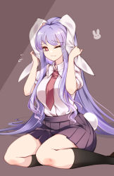 Rule 34 | 1girl, ;|, animal ears, arms up, black socks, blush, brown background, closed mouth, collared shirt, commentary, eyelashes, flying sweatdrops, highres, holding ears, knees, light purple hair, lips, long hair, looking at viewer, miniskirt, necktie, one eye closed, pleated skirt, purple skirt, rabbit ears, rabbit tail, raptor7, red eyes, red necktie, reisen udongein inaba, shirt, short sleeves, simple background, sitting, skirt, socks, solo, symbol-only commentary, tail, touhou, very long hair, wavy mouth, white shirt, wing collar