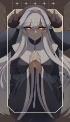 Rule 34 | 1girl, black robe, border, commentary, cross, cross earrings, curled horns, demon girl, demon horns, earrings, english commentary, habit, hair intakes, horns, jewelry, long hair, nun, original, own hands clasped, own hands together, robe, saint udon, smile, solo, udon-udon, very long hair, white hair, wide sleeves, yellow eyes