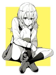 Rule 34 | 1girl, :t, alternate costume, blouse, bonkara (sokuseki maou), closed mouth, commentary, frown, full body, girls und panzer, greyscale, greyscale with colored background, hugging own legs, itsumi erika, loafers, long hair, long sleeves, looking at viewer, miniskirt, monochrome, neckerchief, ooarai school uniform, outside border, partially colored, pleated skirt, pout, school uniform, serafuku, shirt, shoes, sitting, skirt, socks, solo, v-shaped eyebrows, yellow background