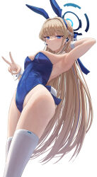Rule 34 | 1girl, animal ears, armpits, bare shoulders, blonde hair, blue archive, blue eyes, blue leotard, breasts, detached collar, earpiece, fake animal ears, fake tail, from below, hair ornament, halo, hand in own hair, highleg, highleg leotard, highres, leotard, long hair, looking at viewer, mechanical halo, medium breasts, microphone, official alternate costume, playboy bunny, presenting armpit, rabbit ears, rabbit hair ornament, rabbit tail, sideboob, silver bullet (ecc12 8), simple background, solo, standing, strapless, strapless leotard, tail, thighhighs, toki (blue archive), toki (bunny) (blue archive), v, very long hair, white background, white thighhighs, wrist cuffs