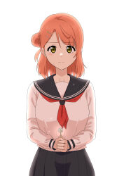 Rule 34 | 1girl, absurdres, black sailor collar, black skirt, closed mouth, commentary request, crying, crying with eyes open, daisy, flower, hair bun, hair ornament, hairclip, highres, holding, holding flower, long sleeves, looking at viewer, love live!, love live! nijigasaki high school idol club, medium hair, neckerchief, orinasu, own hands together, pink hair, red neckerchief, sailor collar, school uniform, serafuku, single side bun, skirt, solo, standing, swept bangs, tears, uehara ayumu, upper body, wavy mouth, white background, white serafuku, yellow eyes