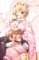 Rule 34 | 1boy, 1girl, ;d, ? block, blonde hair, blue eyes, blush, brown hair, crown, earrings, flower, folding fan, ge-b, gloves, hair flower, hair ornament, hand fan, highres, japanese clothes, jewelry, kimono, looking at viewer, making-of available, mario, mario (series), nintendo, one eye closed, open mouth, petals, princess peach, sitting, smile, super star (mario), white gloves