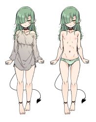 Rule 34 | 1girl, breasts, demon girl, demon tail, full body, grey hair, grey shirt, hair over one eye, highres, long hair, long sleeves, off shoulder, original, otokuyou, pointy ears, shirt, sketch, small breasts, tail, topless, torn clothes, torn shirt, underwear, underwear only, yellow eyes
