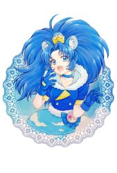 Rule 34 | 1girl, aizen (syoshiyuki), animal ear fluff, blue choker, blue coat, blue eyes, blue gloves, blue hair, blue skirt, choker, coat, collarbone, cure gelato, earrings, fang, gloves, hair intakes, highres, jewelry, kirakira precure a la mode, lion tail, long hair, looking at viewer, open mouth, precure, short sleeves, simple background, skirt, solo, tail, tategami aoi, very long hair, white background