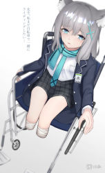 Rule 34 | 1girl, amputee, animal ear fluff, animal ears, bandaged leg, bandages, blazer, blue archive, blue scarf, blush, bright pupils, crying, crying with eyes open, eyebrows, female focus, full body, grey hair, hair ornament, highres, jacket, long hair, looking at viewer, necktie, scarf, school uniform, shiroko (blue archive), sitting, skirt, solo, speech bubble, tears, vialle, wheelchair, white pupils
