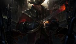 Rule 34 | 1boy, absurdres, alex flores, bad source, beard, boat, captain gangplank, chain, clenched hand, coat, collar, collared coat, cutting, dark, facial hair, feet out of frame, flaming sword, flaming weapon, food, fruit, gangplank (league of legends), gloves, hat, highres, juice, league of legends, looking at viewer, male focus, mature male, official art, orange (fruit), solo, watercraft, weapon, white hair