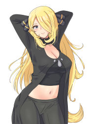 Rule 34 | 1girl, absurdres, arms up, black coat, black pants, black shirt, blonde hair, breasts, closed mouth, coat, cowboy shot, creatures (company), crop top, cynthia (pokemon), game freak, grey eyes, hair ornament, hair over one eye, highres, large breasts, long hair, looking at viewer, maho (corotonton5150), midriff, navel, nintendo, pants, pokemon, pokemon dppt, shirt, simple background, smile, solo, stomach, very long hair, white background