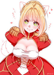 Rule 34 | 10s, 1girl, animal ears, arms behind back, blonde hair, breasts, cleavage, cleavage cutout, clothing cutout, epaulettes, fate/extra, fate/grand order, fate (series), green eyes, hair intakes, heart, leaning forward, medium breasts, nero claudius (fate), nero claudius (fate) (all), nero claudius (fate/extra), rindo, smile, solo, tail, twitter username, white background